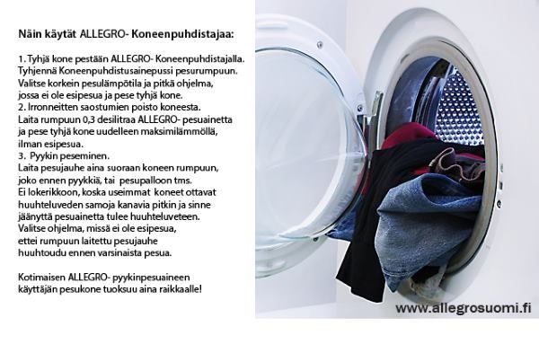 Pyykinpesukoneen puhdistus Allegro-koneenpuhdistajalla.